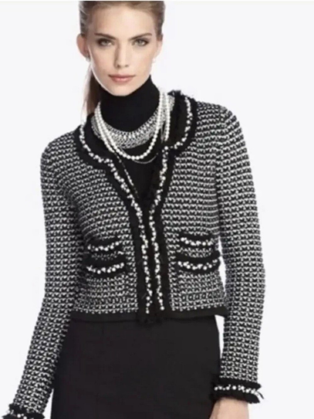 White House Black Market Black and White Tweed Pearl-Trim Cardigan - Sz L